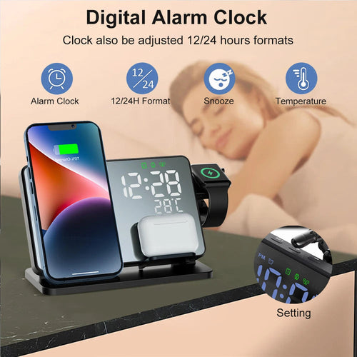 3-in-1 Quick Charge Station Premium Wireless Fast Charging Docking Station with Alarm Clock for Apple iPhone, Watch & AirPods | ventumra