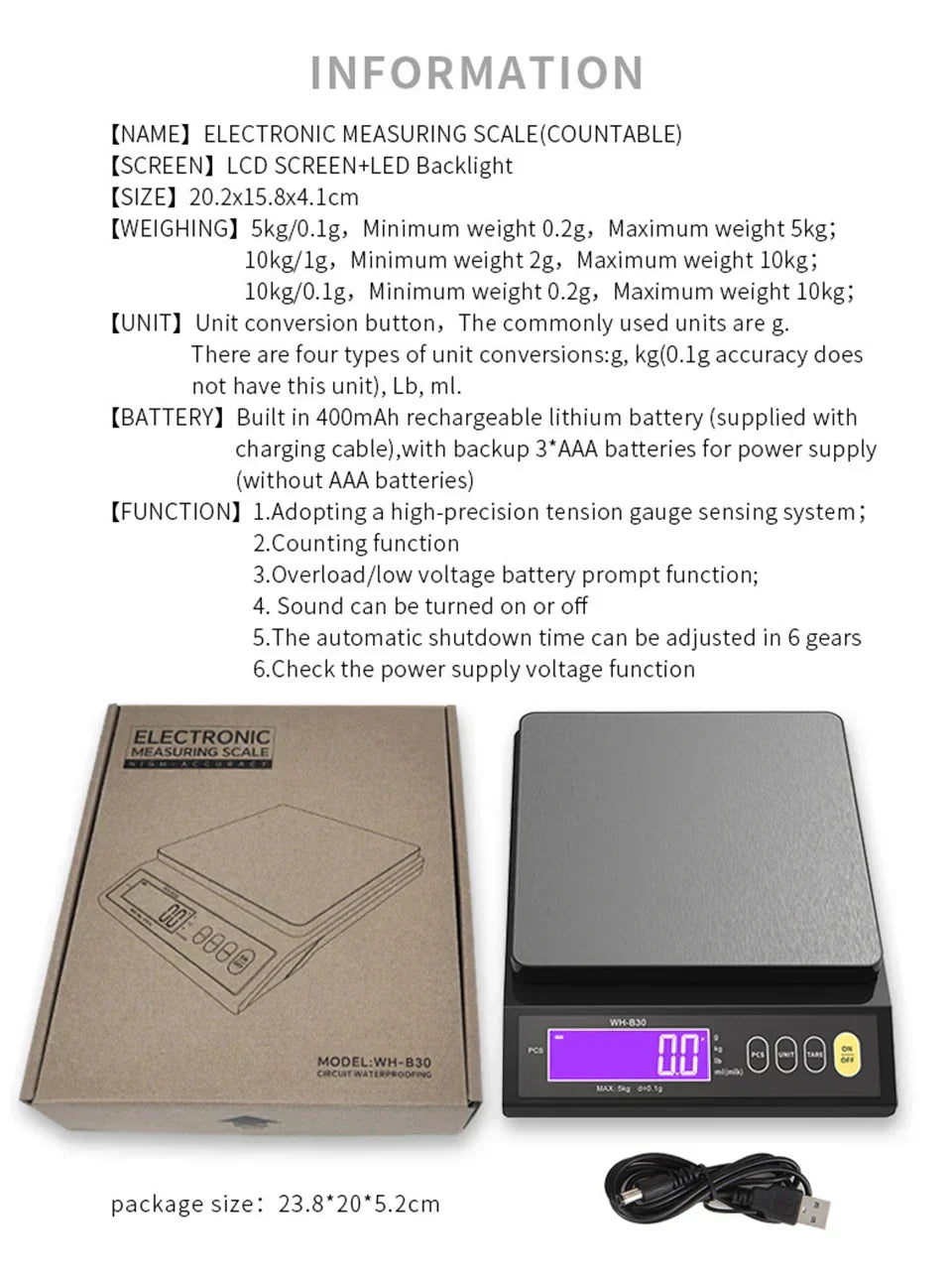 5 kg/0.1 g and 10 kg/1 g digital electronic kitchen scale, LCD screen, fully waterproof stainless steel tool for baking | ventumra