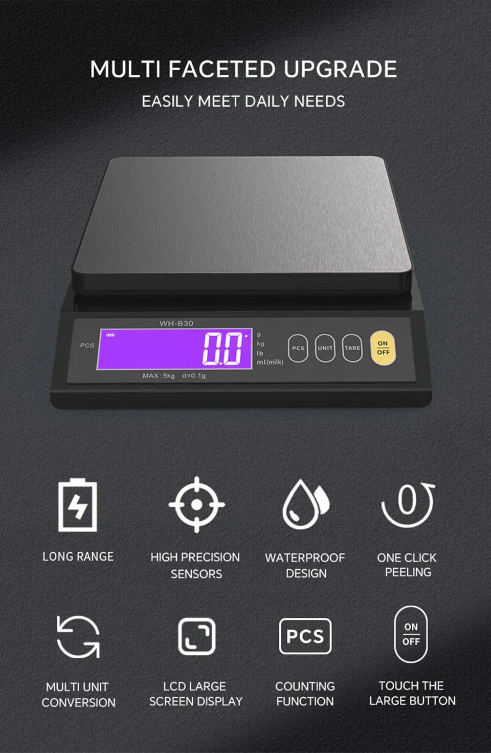 5 kg/0.1 g and 10 kg/1 g digital electronic kitchen scale, LCD screen, fully waterproof stainless steel tool for baking | ventumra