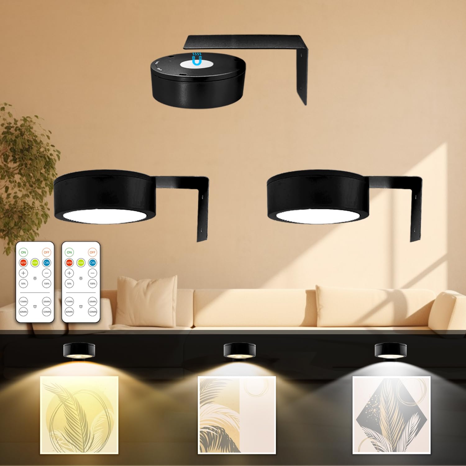 3-Pack LED Picture Lights - Battery, Remote, 3 Colors Dimmable | ventumra