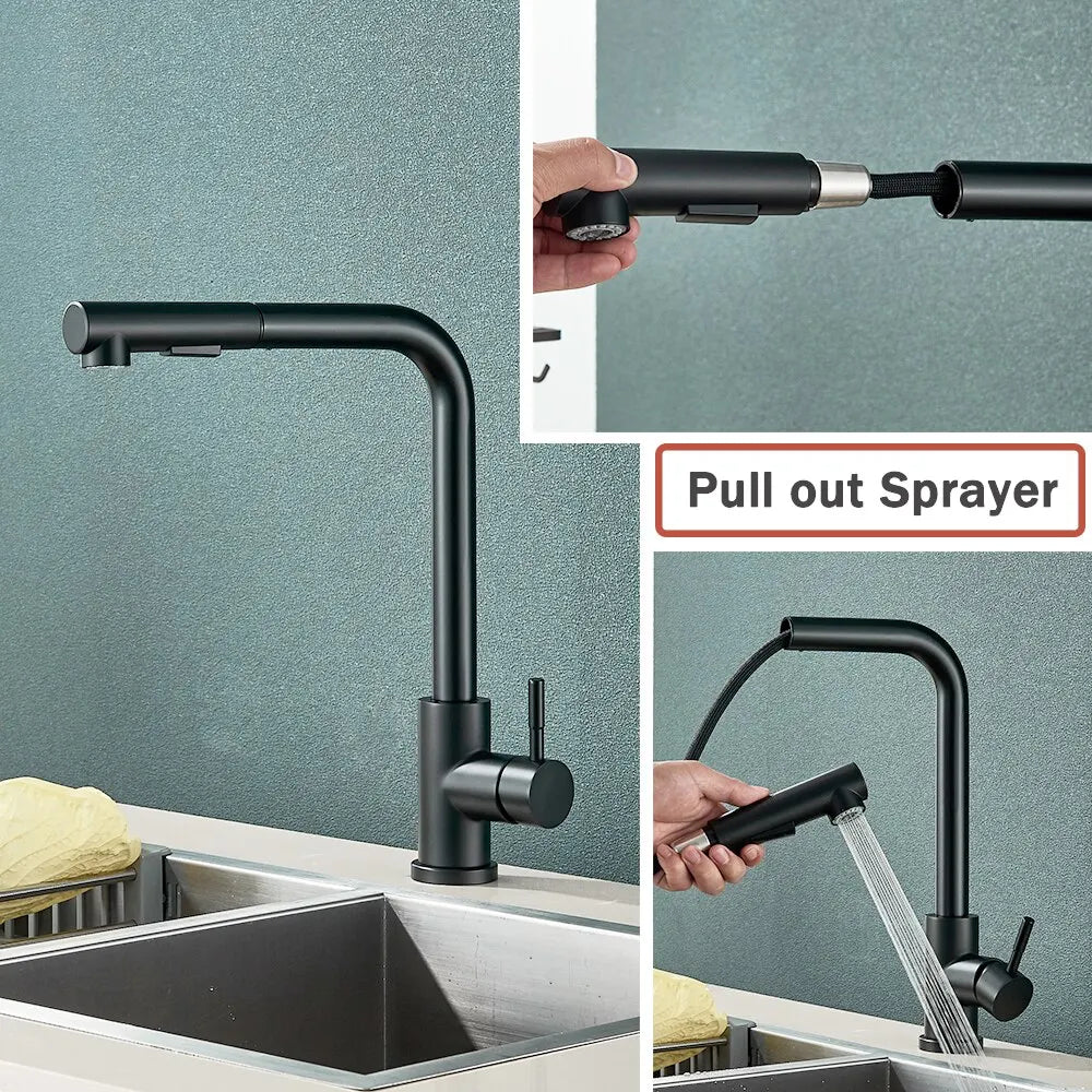 Black Pull-Out Kitchen Faucet - Flexible 2-Mode Stream and Spray Head, Stainless Steel Hot-Cold Water Mixing Tap | ventumra