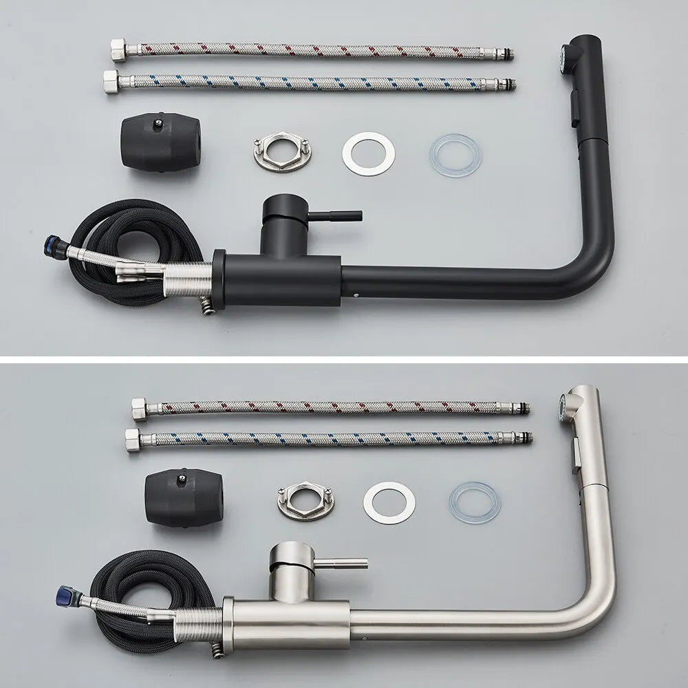 Black Pull-Out Kitchen Faucet - Flexible 2-Mode Stream and Spray Head, Stainless Steel Hot-Cold Water Mixing Tap | ventumra
