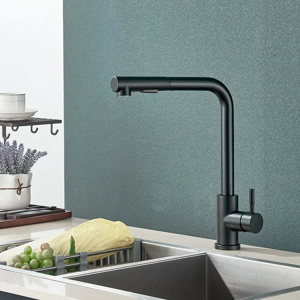 Black Pull-Out Kitchen Faucet - Flexible 2-Mode Stream and Spray Head, Stainless Steel Hot-Cold Water Mixing Tap | ventumra