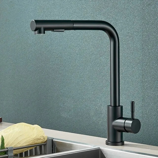 Black Pull-Out Kitchen Faucet - Flexible 2-Mode Stream and Spray Head, Stainless Steel Hot-Cold Water Mixing Tap | ventumra