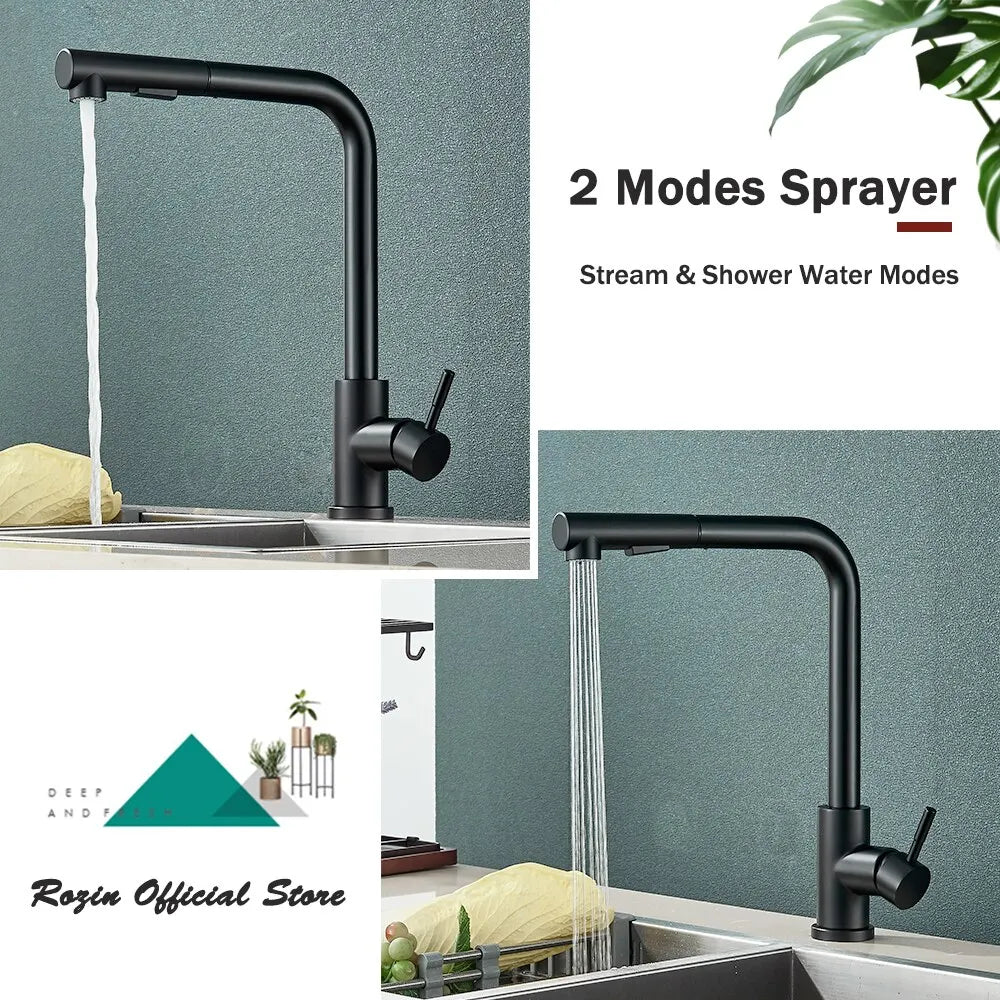 Black Pull-Out Kitchen Faucet - Flexible 2-Mode Stream and Spray Head, Stainless Steel Hot-Cold Water Mixing Tap | ventumra