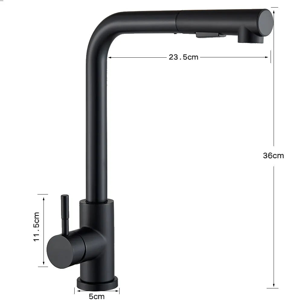 Black Pull-Out Kitchen Faucet - Flexible 2-Mode Stream and Spray Head, Stainless Steel Hot-Cold Water Mixing Tap | ventumra