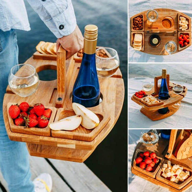 Compact Wooden Picnic Wine Table with Glass Holder | ventumra