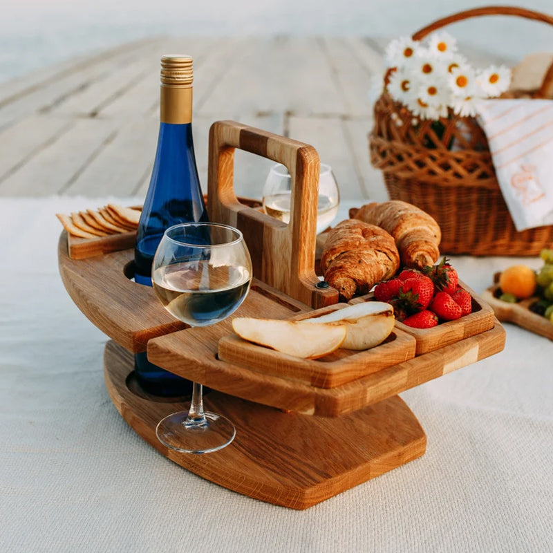 Compact Wooden Picnic Wine Table with Glass Holder | ventumra