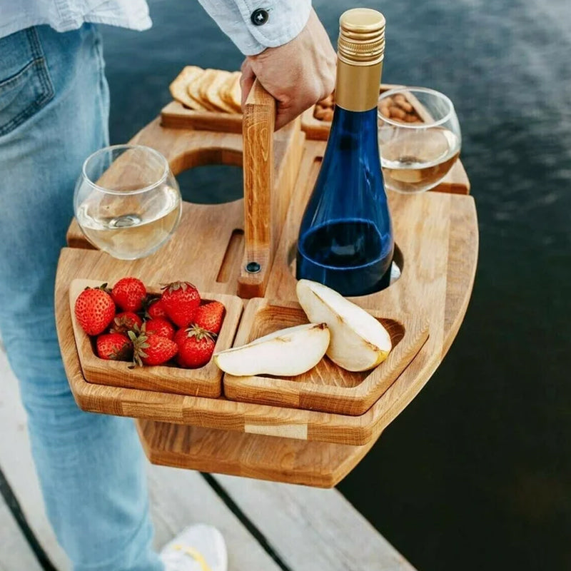Compact Wooden Picnic Wine Table with Glass Holder | ventumra