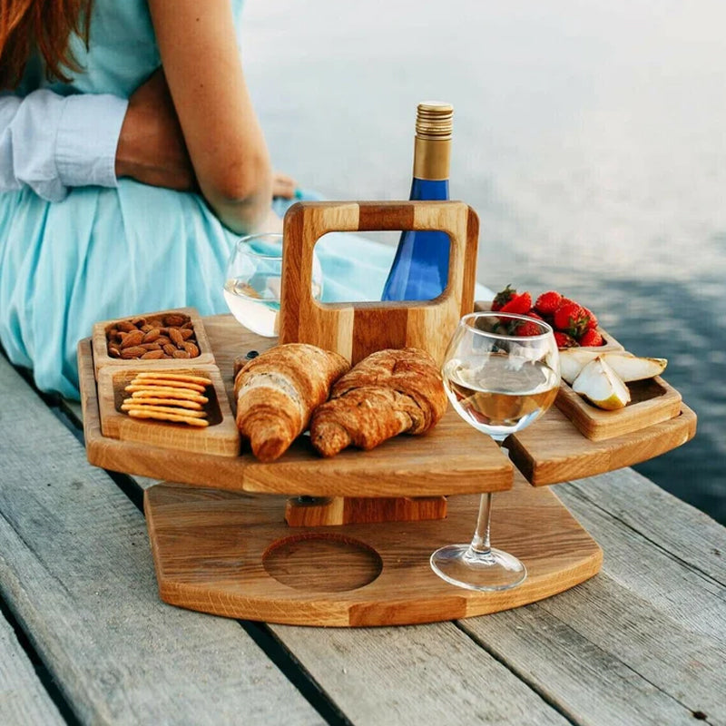 Compact Wooden Picnic Wine Table with Glass Holder | ventumra