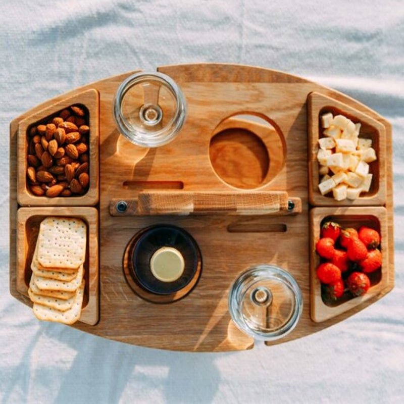 Compact Wooden Picnic Wine Table with Glass Holder | ventumra
