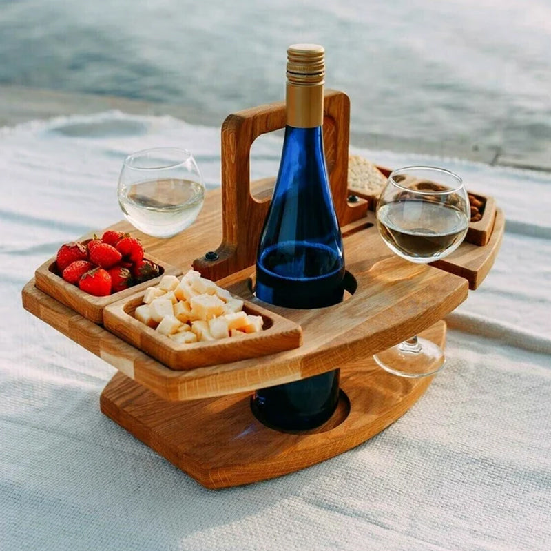 Compact Wooden Picnic Wine Table with Glass Holder | ventumra