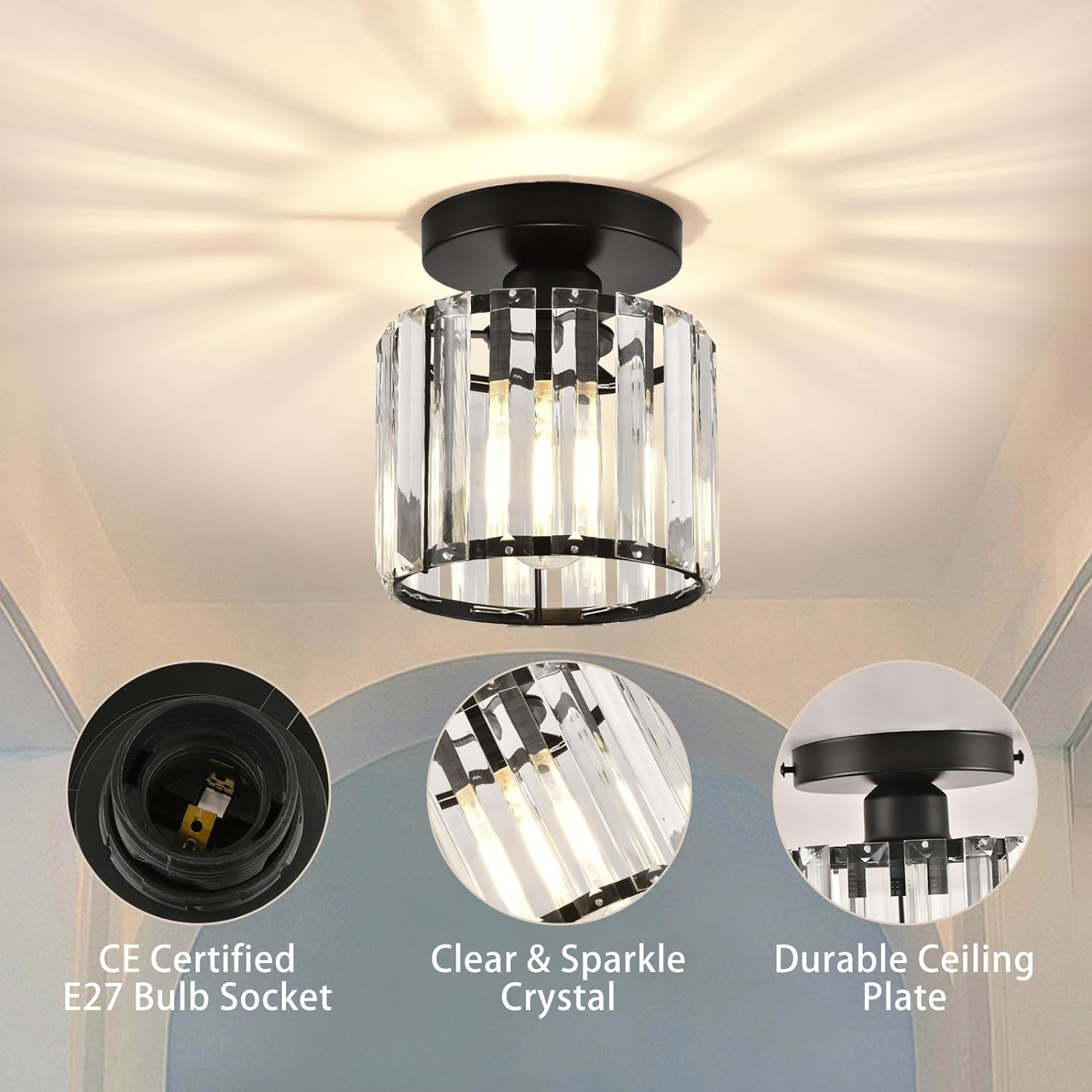 Crystal Glass Ceiling Lamp – Brass Fixture & Compact Design | ventumra