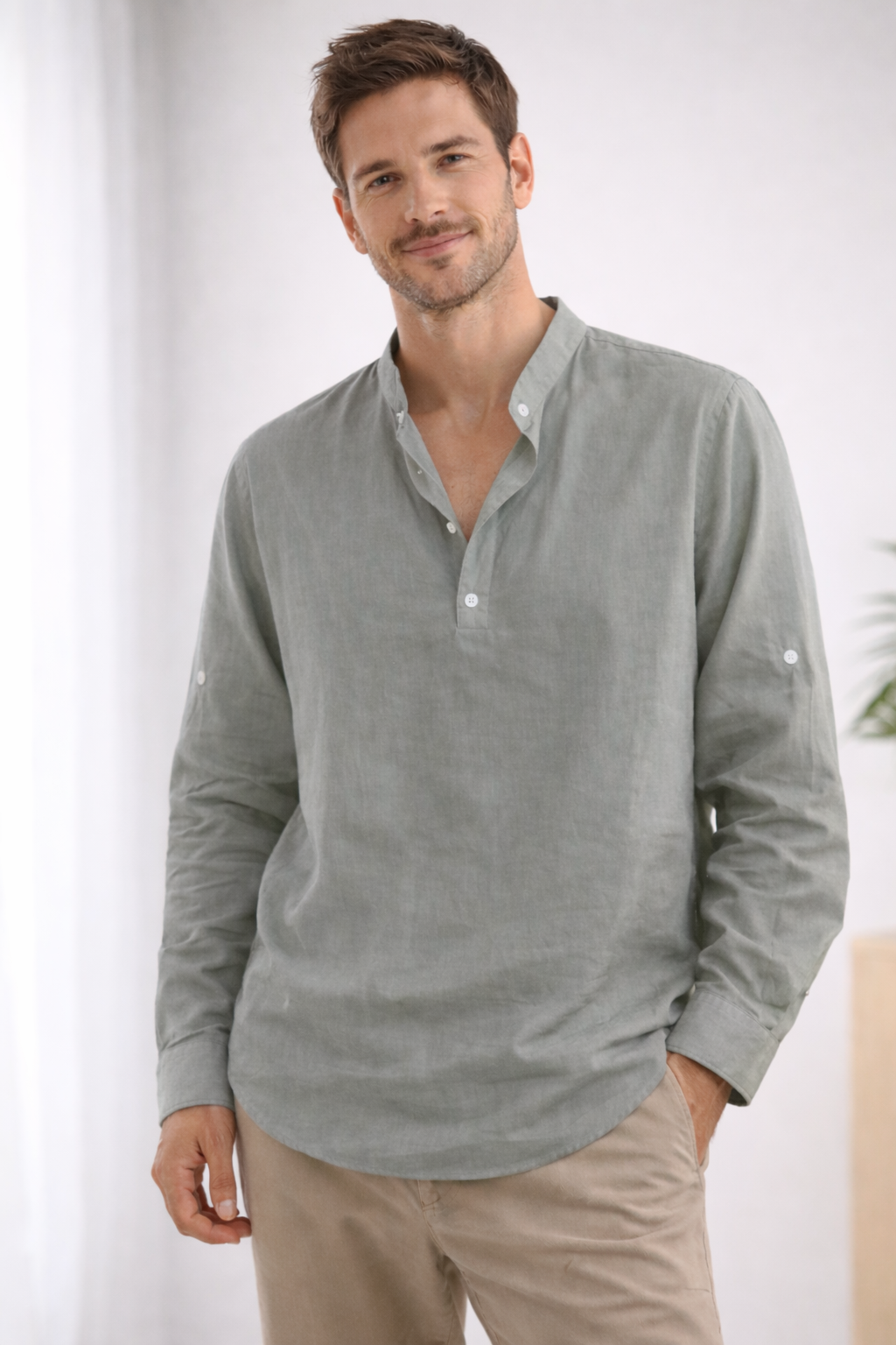 Men's Casual Band Collar Long-Sleeve Shirt | ventumra