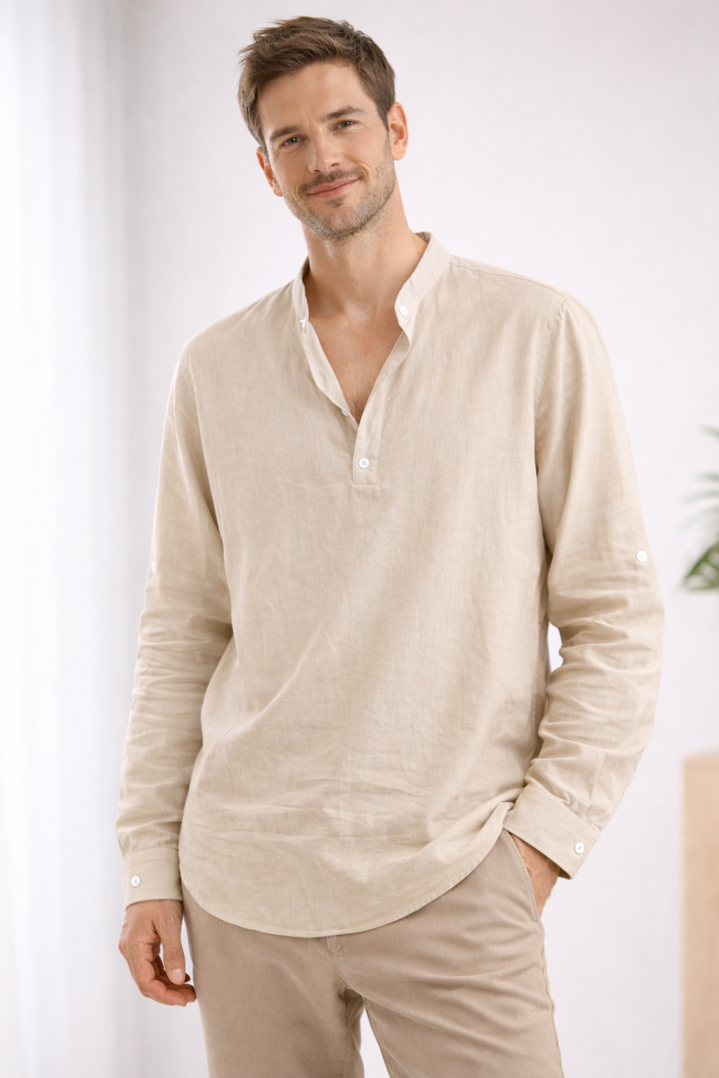 Men's Casual Band Collar Long-Sleeve Shirt | ventumra