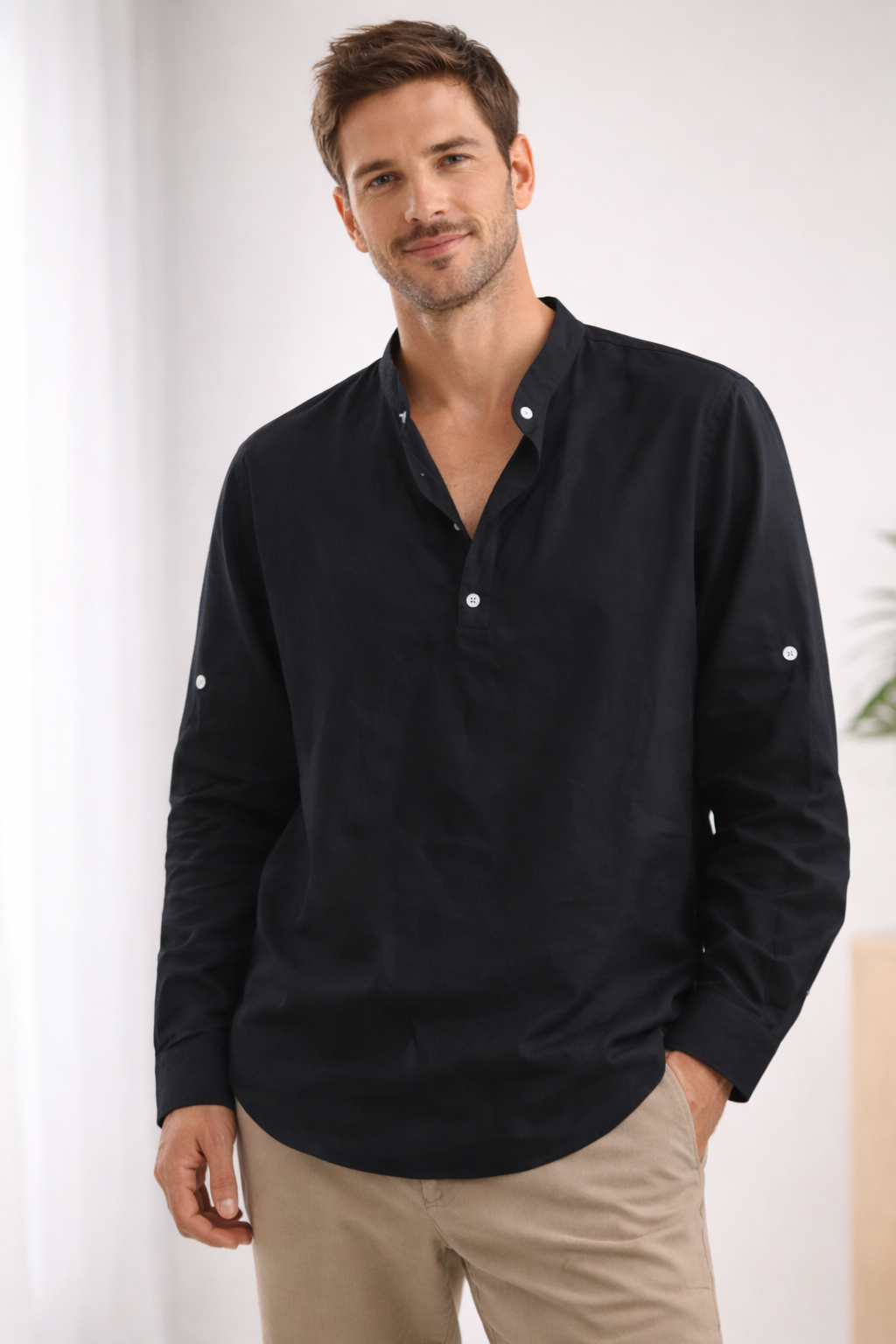 Men's Casual Band Collar Long-Sleeve Shirt | ventumra