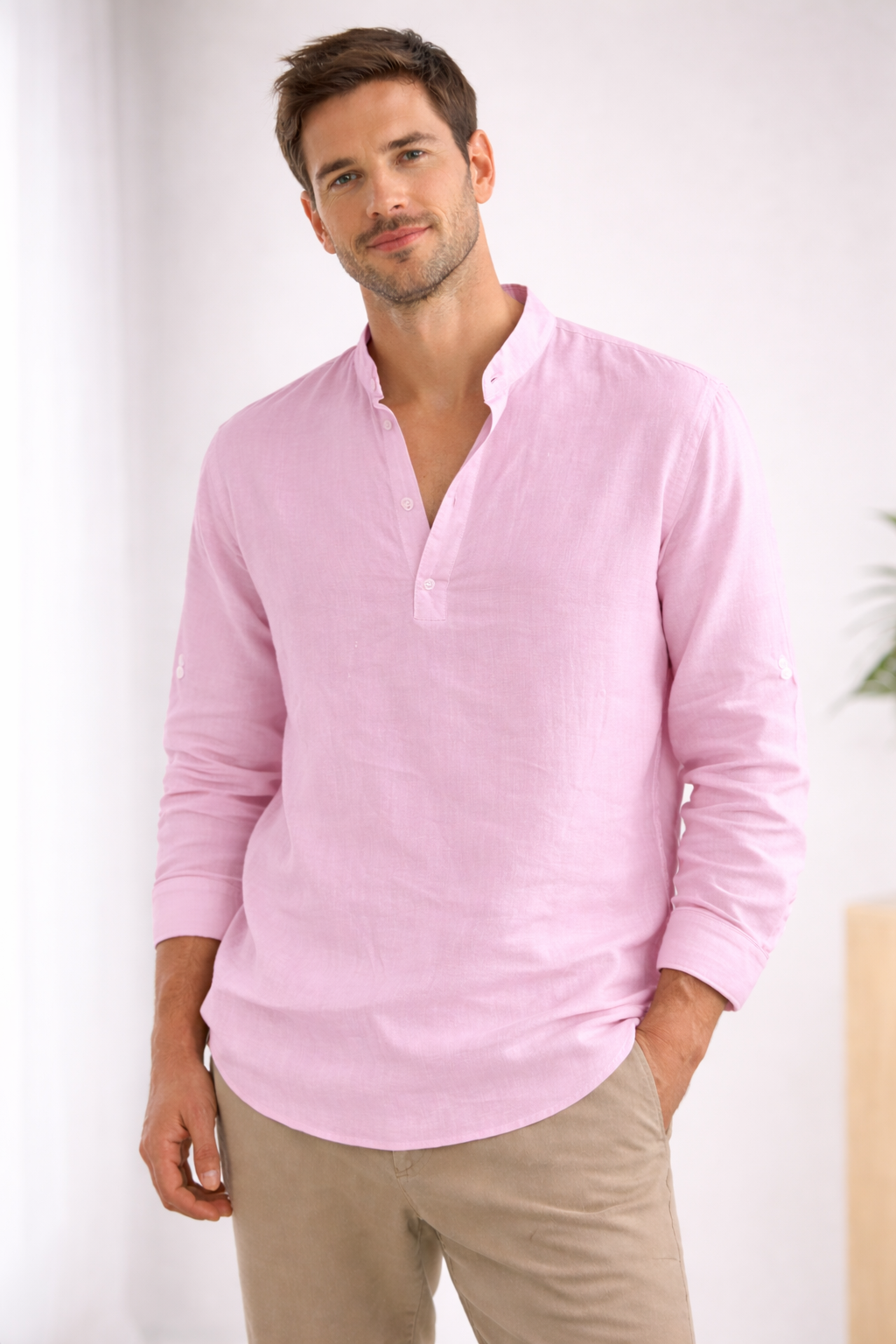 Men's Casual Band Collar Long-Sleeve Shirt | ventumra