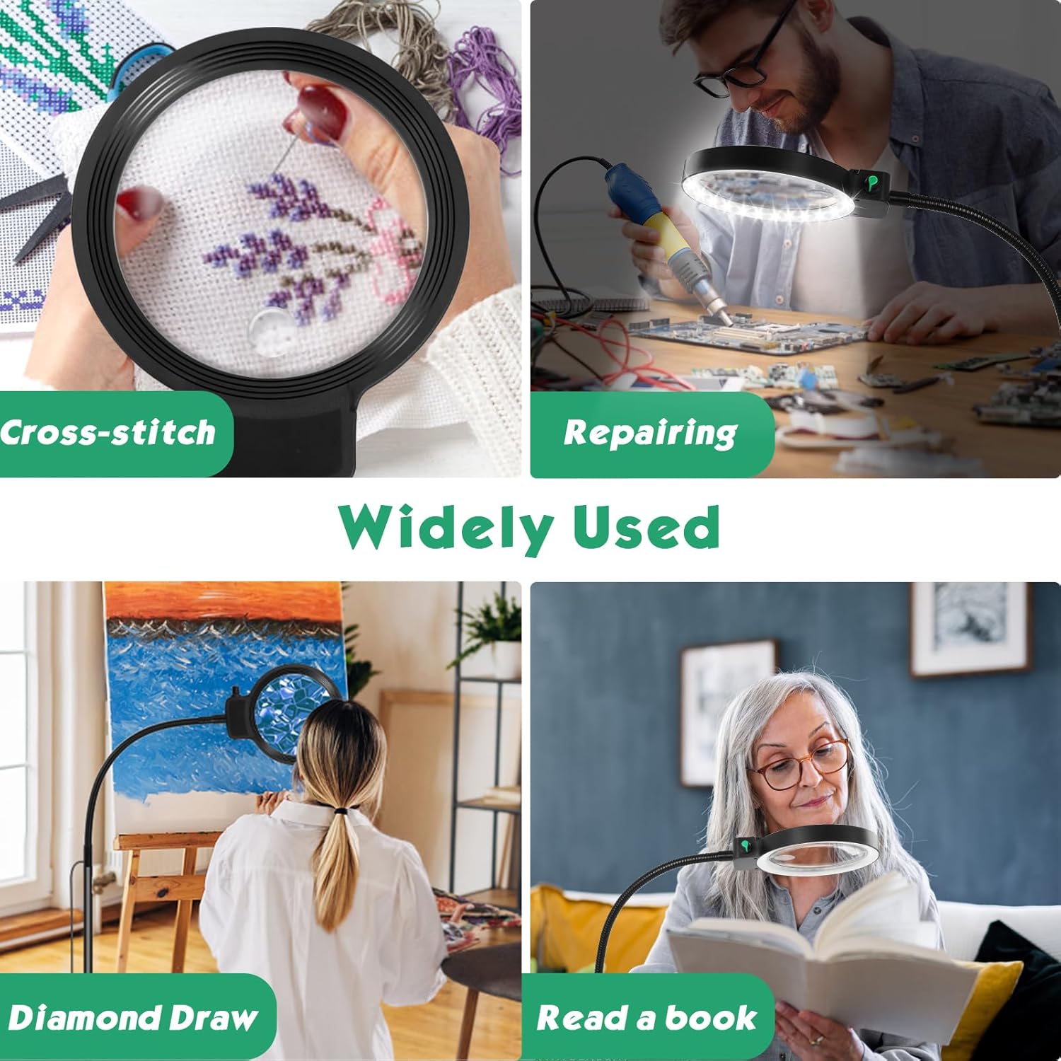 Full-Sided Magnifying Glass with LED Light – Hands-Free Reading Aid for Books, Crafts, and Hobbies | ventumra