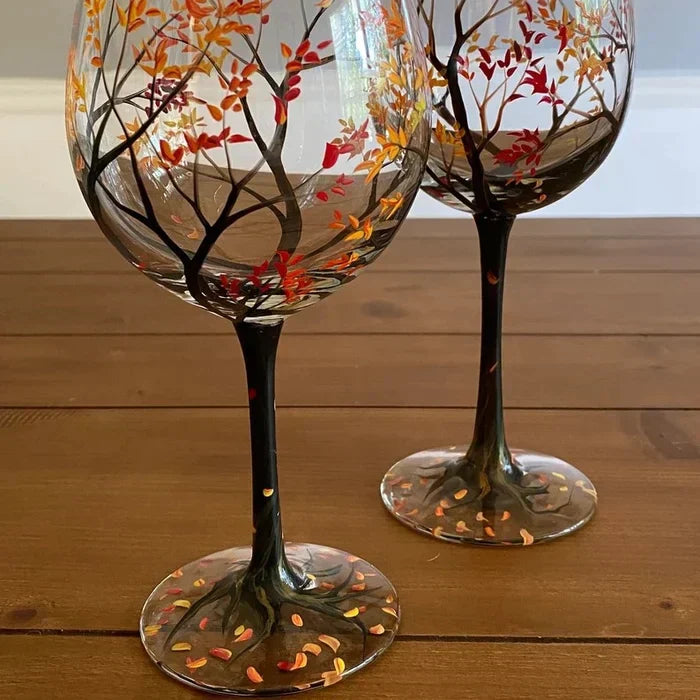 Hand Painted Four Seasons Tree Wine Glasses Unique Art | ventumra