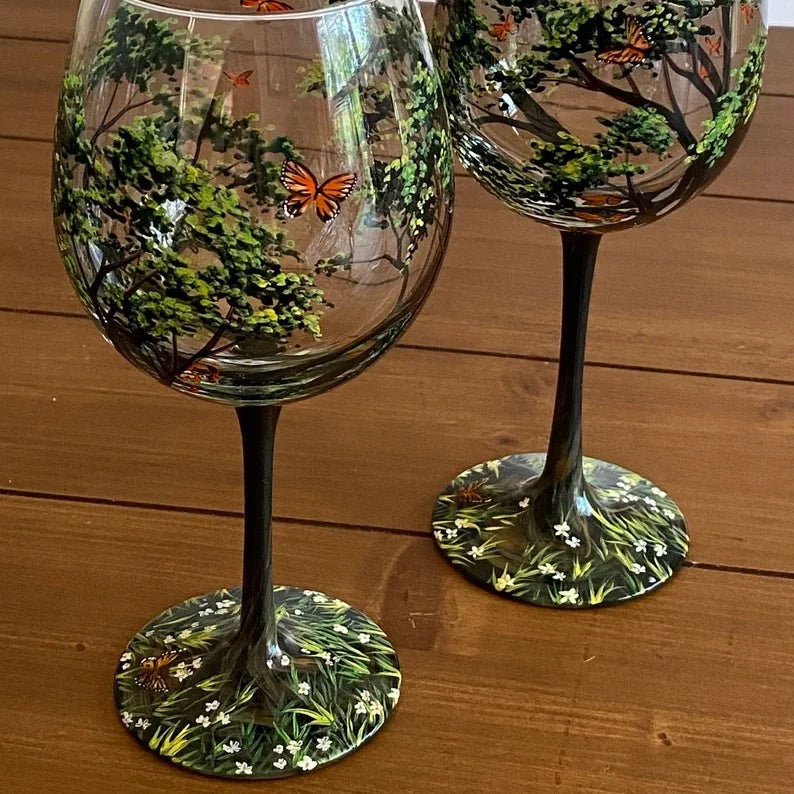 Hand Painted Four Seasons Tree Wine Glasses Unique Art | ventumra