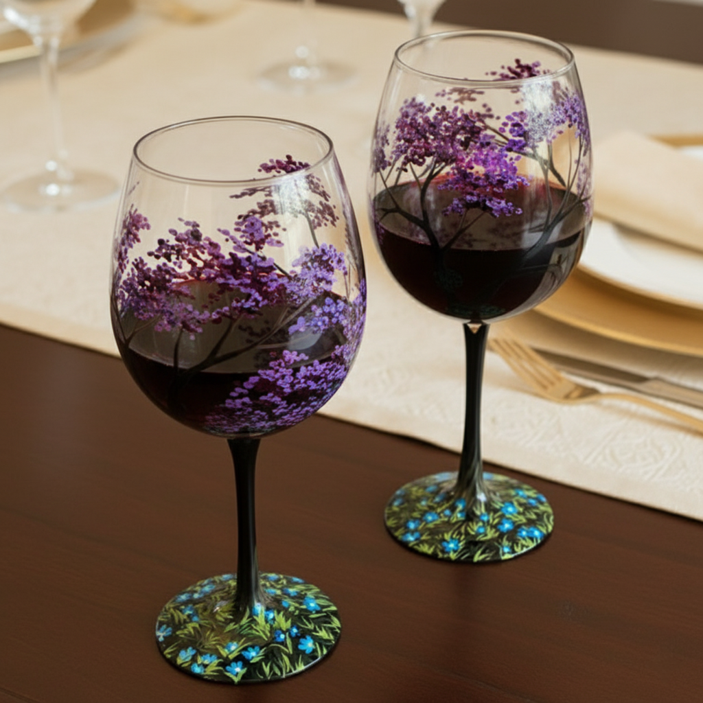 Hand Painted Four Seasons Tree Wine Glasses Unique Art | ventumra
