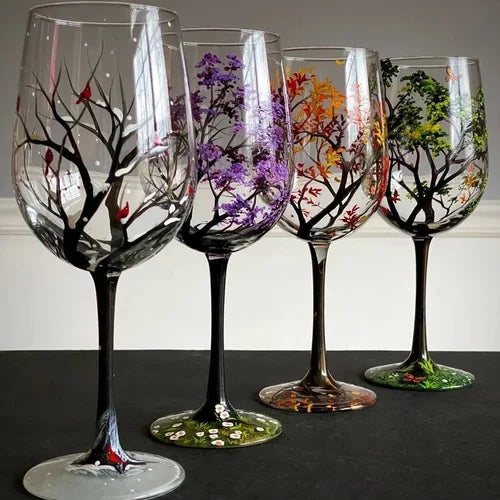 Hand Painted Four Seasons Tree Wine Glasses Unique Art | ventumra