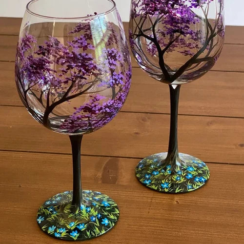 Hand Painted Four Seasons Tree Wine Glasses Unique Art | ventumra