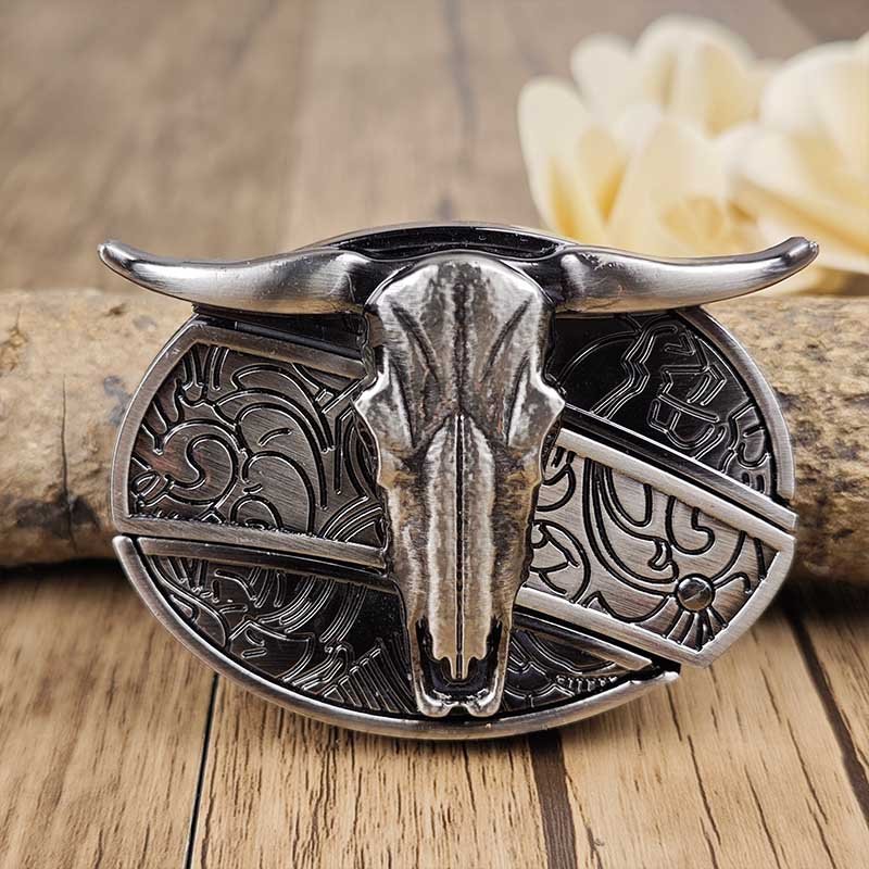 Oval Bull Skull Belt Buckle with Hidden Knife | ventumra
