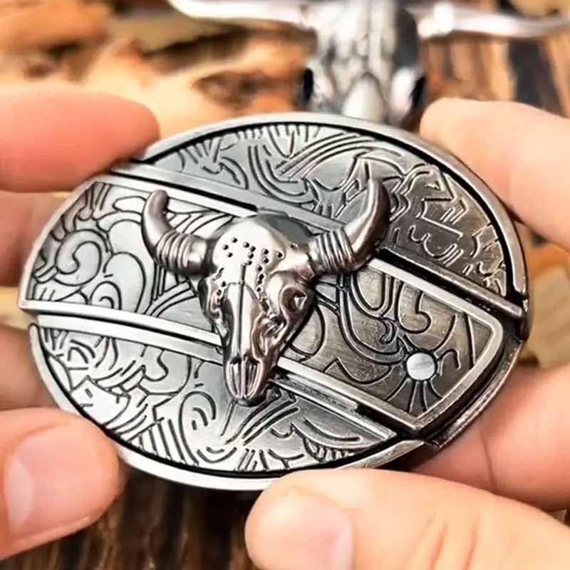 Oval Bull Skull Belt Buckle with Hidden Knife | ventumra