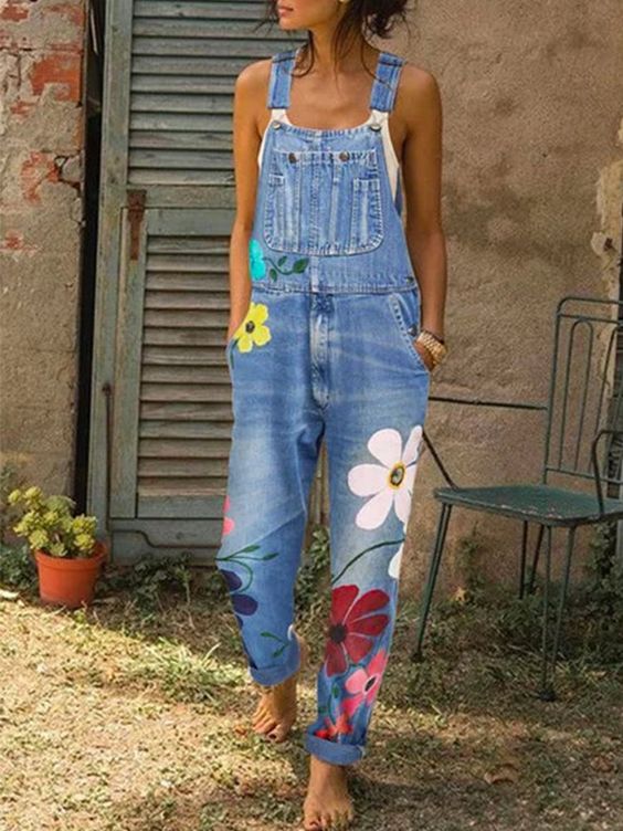 Artistic Floral Denim Overalls | ventumra