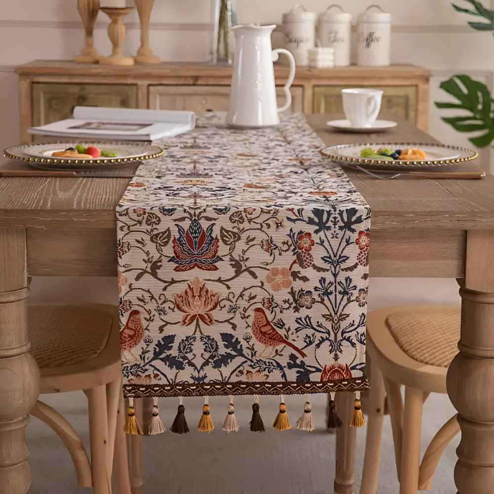 Vintage Floral & Bird Jacquard Table Runner | ventumra