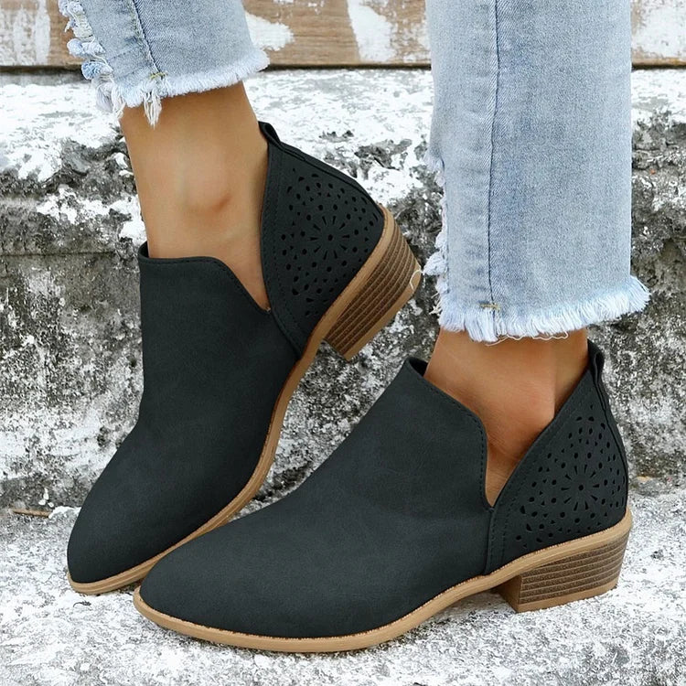 Comfortable Cutout Low Heel Booties | ventumra
